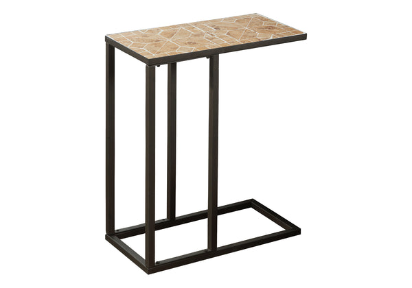 Monarch Specialties Accent Table, C-shaped, End, Side, Snack, Living Room, Bedroom, Brown Tile, Brown Metal, Transitional Brown,White, White Metal I 3164