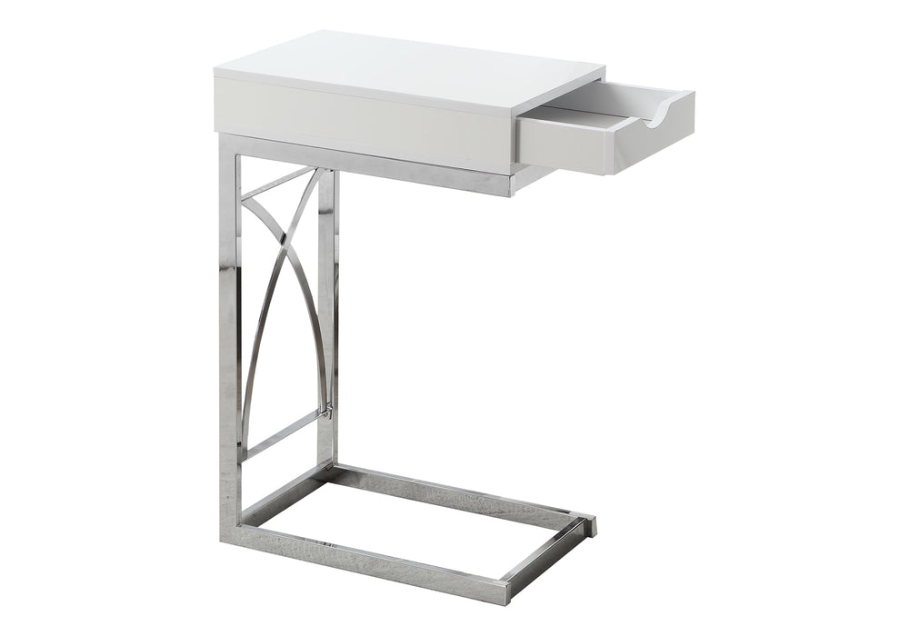 Monarch Specialties Accent Table, C-shaped, End, Side, Snack, Storage Drawer, Living Room, Bedroom, Glossy White Laminate, Chrome Metal, Contemporary, Modern White Particle Board,Metal I 3170