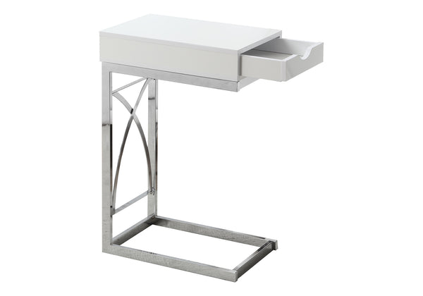Monarch Specialties Accent Table, C-shaped, End, Side, Snack, Storage Drawer, Living Room, Bedroom, Glossy White Laminate, Chrome Metal, Contemporary, Modern White Particle Board,Metal I 3170