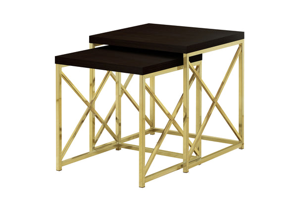 Monarch Specialties Nesting Table, Set Of 2, Side, End, Metal, Accent, Living Room, Bedroom, Brown Laminate, Gold Metal, Contemporary, Modern Espresso,Gold, Gold Particle Board,Laminate,Metal I 3237