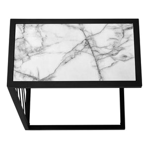 Monarch Specialties Accent Table, C-shaped, End, Side, Snack, Living Room, Bedroom, White Marble Look Laminate, Black Metal, Contemporary, Modern White Metal,Mdf I 3300