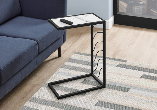 Monarch Specialties Accent Table, C-shaped, End, Side, Snack, Living Room, Bedroom, White Marble Look Laminate, Black Metal, Contemporary, Modern White Metal,Mdf I 3300