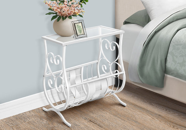 Monarch Specialties Accent Table, Side, End, Magazine, Nightstand, Narrow, Living Room, Bedroom, Traditional White,Clear, Clear Metal,Tempered Glass I 3312