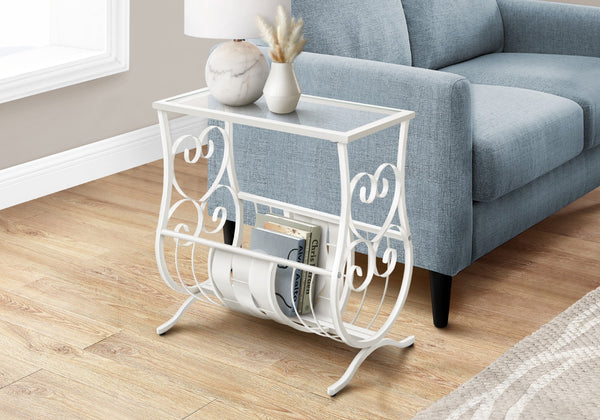 Monarch Specialties Accent Table, Side, End, Magazine, Nightstand, Narrow, Living Room, Bedroom, Traditional White,Clear, Clear Metal,Tempered Glass I 3312