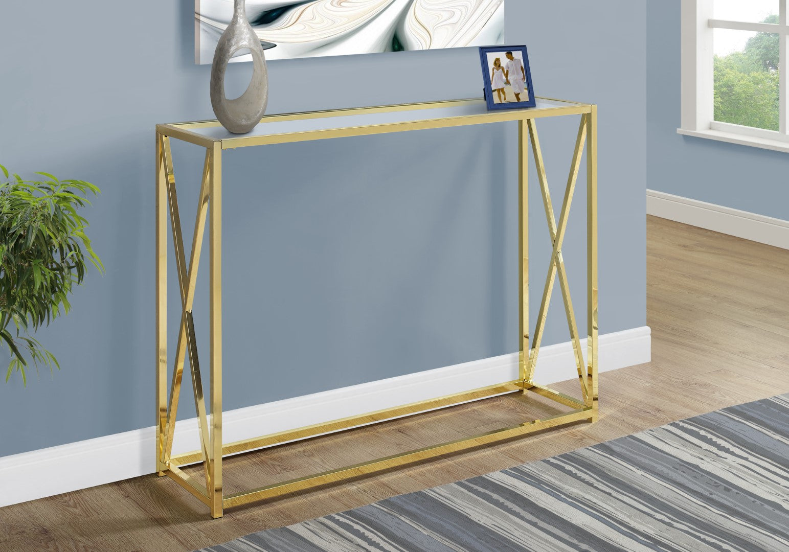 Accent Table - Modern Rectangular Console with Glass Top and Stylish Gold X-Design Base - Thumbnail 2