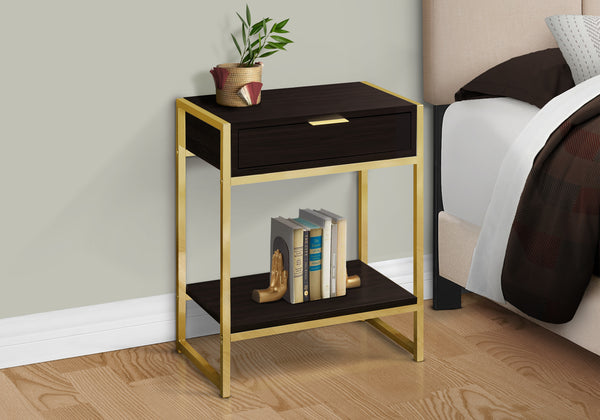 Monarch Specialties Accent Table, Side, End, Nightstand, Lamp, Storage Drawer, Living Room, Bedroom, Brown Laminate, Gold Metal, Contemporary, Modern Espresso,Gold, Gold Particle Board,Laminate,Mdf,Metal I 3486