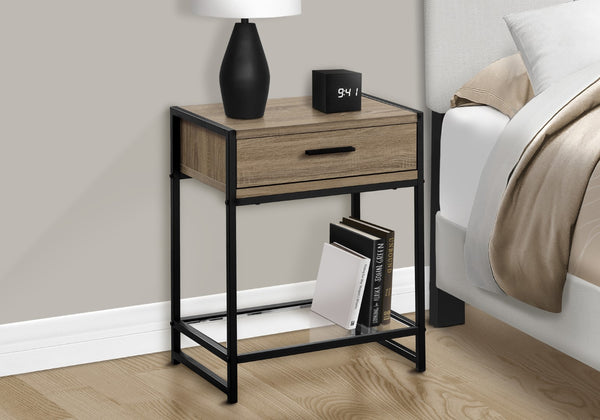 Monarch Specialties Accent Table, Side, End, Nightstand, Lamp, Storage Drawer, Living Room, Bedroom, Brown Laminate, Black Metal, Contemporary, Modern Dark Taupe,Black,Clear, Black,Clear Mdf,Glass,Laminate,Metal,Tempered Glass I 3501