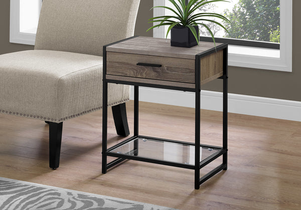 Monarch Specialties Accent Table, Side, End, Nightstand, Lamp, Storage Drawer, Living Room, Bedroom, Brown Laminate, Black Metal, Contemporary, Modern Dark Taupe,Black,Clear, Black,Clear Mdf,Glass,Laminate,Metal,Tempered Glass I 3501