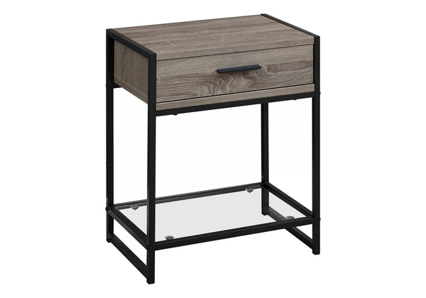 Monarch Specialties Accent Table, Side, End, Nightstand, Lamp, Storage Drawer, Living Room, Bedroom, Brown Laminate, Black Metal, Contemporary, Modern Dark Taupe,Black,Clear, Black,Clear Mdf,Glass,Laminate,Metal,Tempered Glass I 3501