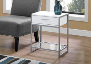 Monarch Specialties Accent Table, Side, End, Nightstand, Lamp, Storage Drawer, Living Room, Bedroom, White Laminate, Grey Metal, Contemporary, Modern White,Clear,Silver, Clear,Silver Mdf,Glass,Laminate,Metal,Tempered Glass I 3503