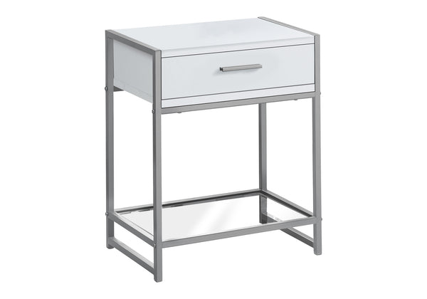 Monarch Specialties Accent Table, Side, End, Nightstand, Lamp, Storage Drawer, Living Room, Bedroom, White Laminate, Grey Metal, Contemporary, Modern White,Clear,Silver, Clear,Silver Mdf,Glass,Laminate,Metal,Tempered Glass I 3503
