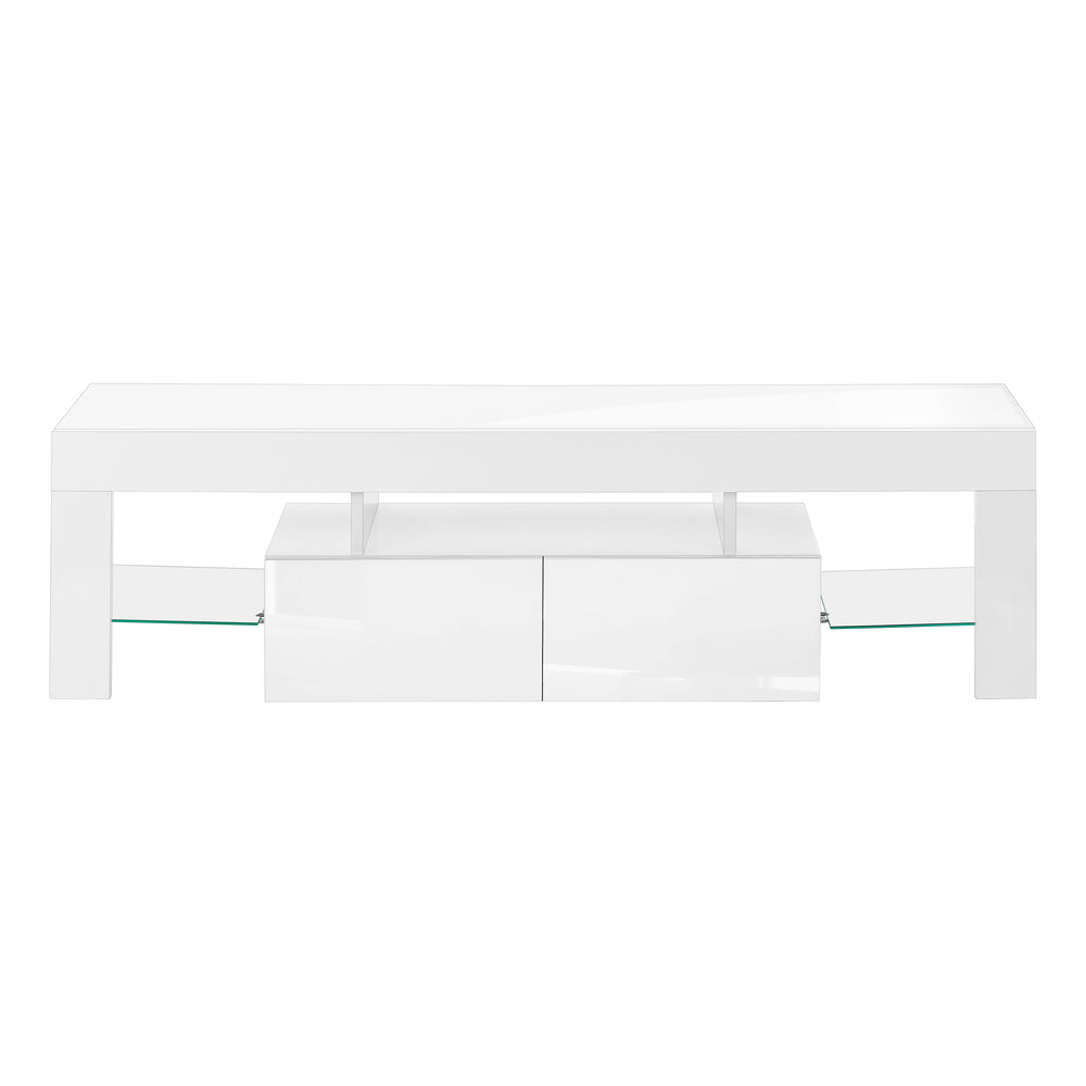 Monarch Specialties Tv Stand, 63 Inch, Console, Media Entertainment Center, Storage Cabinet, Living Room, Bedroom, Glossy White Laminate, Contemporary, Modern White Mdf,Tempered Glass I 3548
