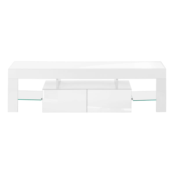 Monarch Specialties Tv Stand, 63 Inch, Console, Media Entertainment Center, Storage Cabinet, Living Room, Bedroom, Glossy White Laminate, Contemporary, Modern White Mdf,Tempered Glass I 3548