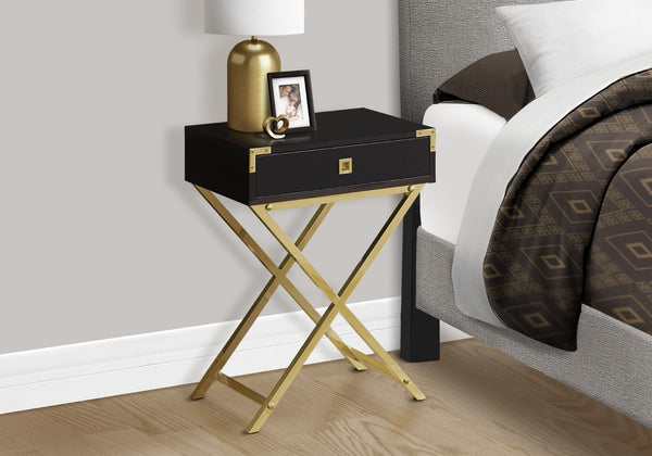 Monarch Specialties Accent Table, Side, End, Nightstand, Lamp, Storage Drawer, Living Room, Bedroom, Brown Laminate, Gold Metal, Contemporary, Modern Espresso,Gold, Gold Mdf,Laminate,Metal,Particle Board I 3556