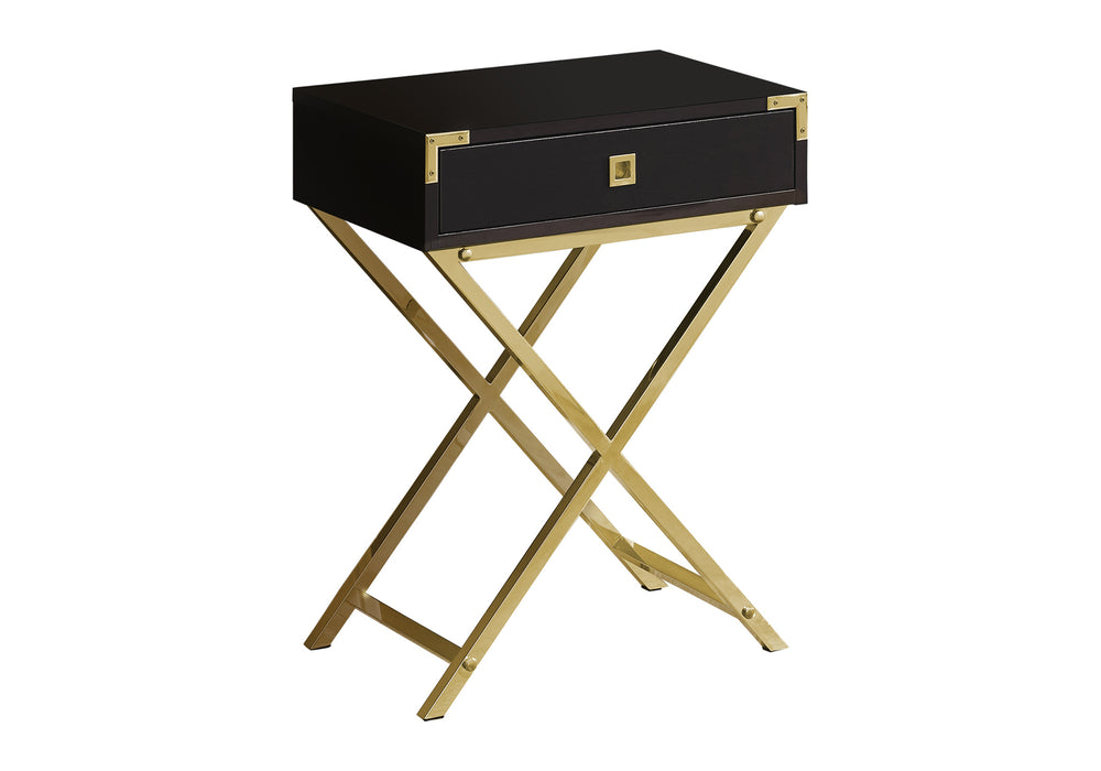 Monarch Specialties Accent Table, Side, End, Nightstand, Lamp, Storage Drawer, Living Room, Bedroom, Brown Laminate, Gold Metal, Contemporary, Modern Espresso,Gold, Gold Mdf,Laminate,Metal,Particle Board I 3556
