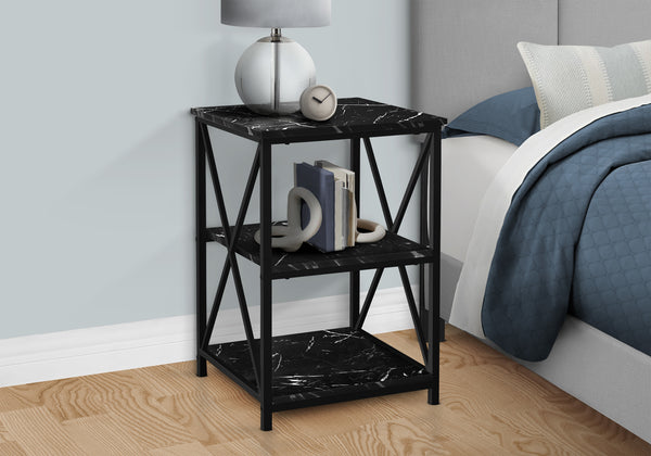 Monarch Specialties Accent Table, Side, End, Nightstand, Lamp, Living Room, Bedroom, Black Marble Look Laminate, Black Metal, Contemporary, Modern Black Metal,Particle Board I 3595