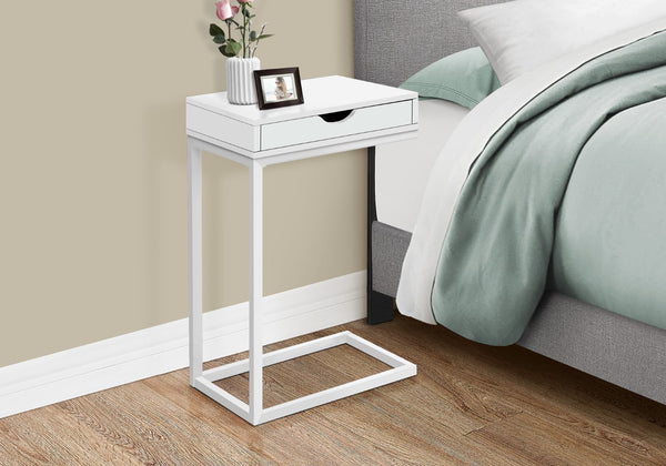 Monarch Specialties Accent Table, C-shaped, End, Side, Snack, Storage Drawer, Living Room, Bedroom, White Laminate, White Metal, Contemporary, Modern White Metal,Particle Board I 3601