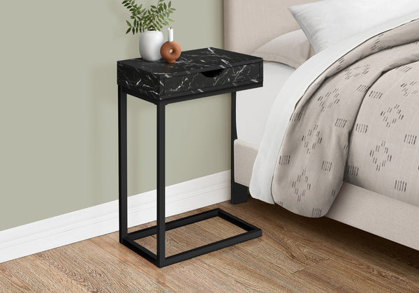 Monarch Specialties Accent Table, C-shaped, End, Side, Snack, Storage Drawer, Living Room, Bedroom, Black Marble Look Laminate, Black Metal, Contemporary, Modern Black Metal,Particle Board I 3604