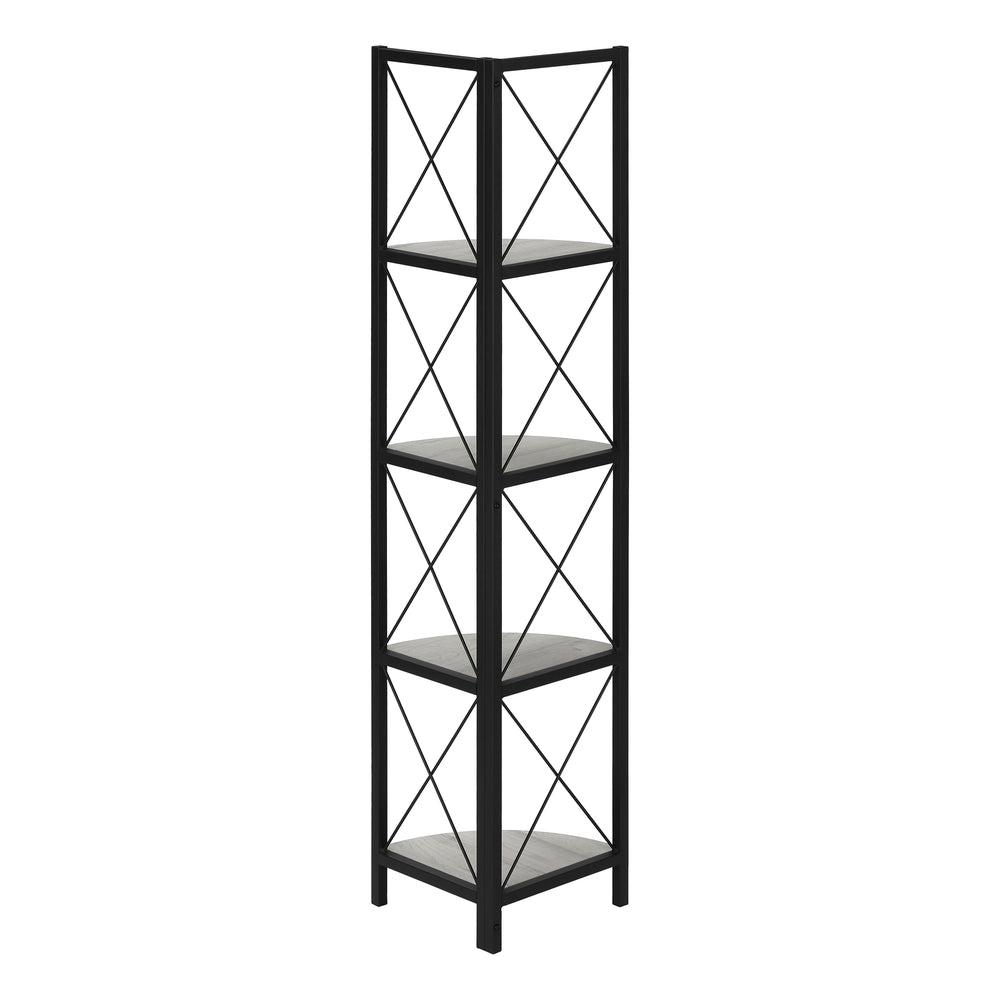 Monarch Specialties Bookshelf, Bookcase, Etagere, Corner, 4 Tier, 60"H, Office, Bedroom, Grey Laminate, Black Metal, Contemporary, Modern Grey,Black, Black Metal,Particle Board I 3647