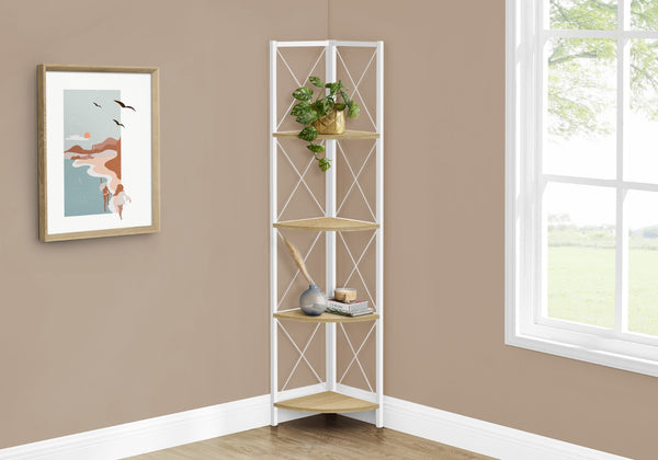 Monarch Specialties Bookshelf, Bookcase, Etagere, Corner, 4 Tier, 60"H, Office, Bedroom, Natural Laminate, White Metal, Contemporary, Modern Natural,White, White Metal,Particle Board I 3652