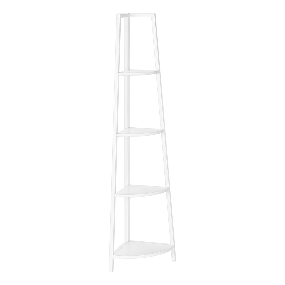 Monarch Specialties Bookshelf, Bookcase, Etagere, Corner, 4 Tier, 60"H, Office, Bedroom, White Laminate, White Metal, Contemporary, Modern White Particle Board,Metal I 3665