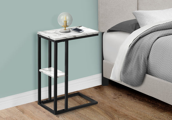 Monarch Specialties Accent Table, C-shaped, End, Side, Snack, Living Room, Bedroom, White Marble Look Laminate, Black Metal, Contemporary, Modern White Particle Board,Metal I 3675