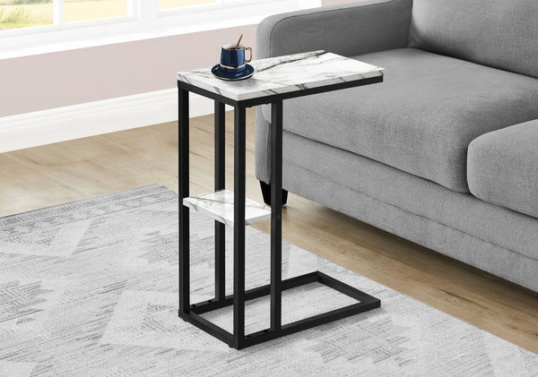 Monarch Specialties Accent Table, C-shaped, End, Side, Snack, Living Room, Bedroom, White Marble Look Laminate, Black Metal, Contemporary, Modern White Particle Board,Metal I 3675