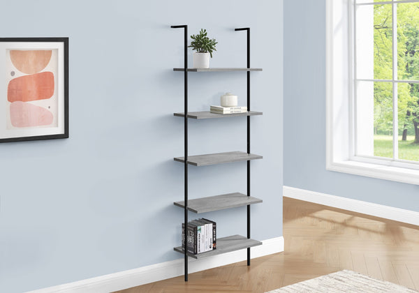Monarch Specialties Bookshelf, Bookcase, Etagere, Ladder, 5 Tier, 72"H, Office, Bedroom, Grey Laminate, Black Metal, Contemporary, Modern Grey Metal,Particle Board I 3681