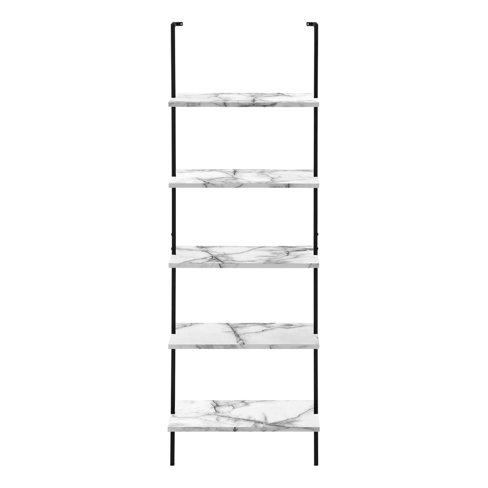 Monarch Specialties Bookshelf, Bookcase, Etagere, Ladder, 5 Tier, 72"H, Office, Bedroom, White Marble Look Laminate, Black Metal, Contemporary, Modern White Metal,Particle Board I 3685