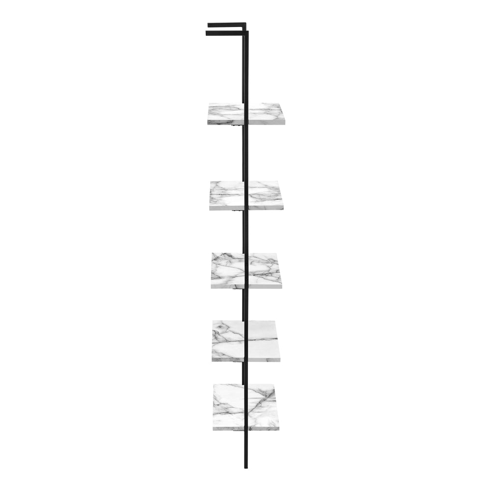 Monarch Specialties Bookshelf, Bookcase, Etagere, Ladder, 5 Tier, 72"H, Office, Bedroom, White Marble Look Laminate, Black Metal, Contemporary, Modern White Metal,Particle Board I 3685