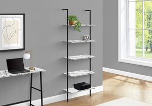 Monarch Specialties Bookshelf, Bookcase, Etagere, Ladder, 5 Tier, 72"H, Office, Bedroom, White Marble Look Laminate, Black Metal, Contemporary, Modern White Metal,Particle Board I 3685
