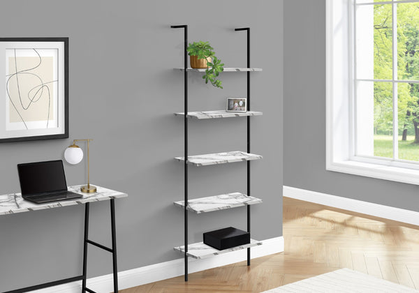 Monarch Specialties Bookshelf, Bookcase, Etagere, Ladder, 5 Tier, 72"H, Office, Bedroom, White Marble Look Laminate, Black Metal, Contemporary, Modern White Metal,Particle Board I 3685