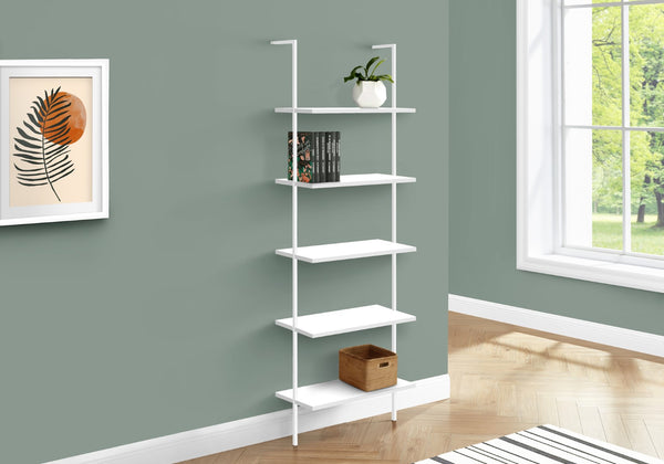 Monarch Specialties Bookshelf, Bookcase, Etagere, Ladder, 5 Tier, 72"H, Office, Bedroom, White Laminate, White Metal, Contemporary, Modern White Metal,Particle Board I 3687