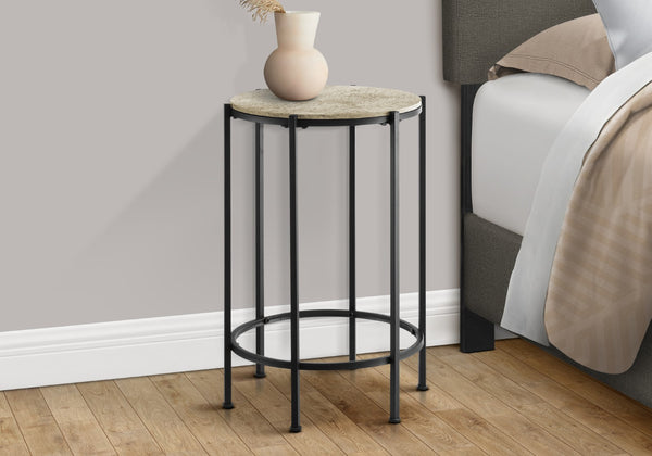 Monarch Specialties Accent Table, End, Round, Side Table, Small, Lamp, Living Room, Bedroom, Nightstand, Cream Stone Laminate, Black Metal, Contemporary Black,Cream, Cream Metal,Laminate,Particle Board I 3758