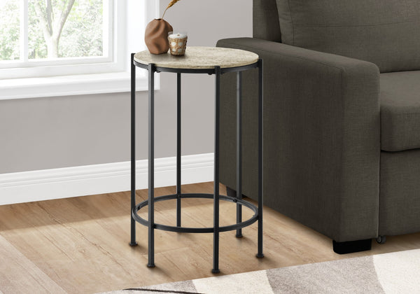 Monarch Specialties Accent Table, End, Round, Side Table, Small, Lamp, Living Room, Bedroom, Nightstand, Cream Stone Laminate, Black Metal, Contemporary Black,Cream, Cream Metal,Laminate,Particle Board I 3758
