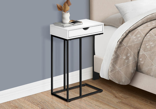 Monarch Specialties Accent Table, C-shaped, End, Side, Snack, Storage Drawer, Living Room, Bedroom, White Laminate, Black Metal, Contemporary, Modern White Particle Board,Metal I 3770