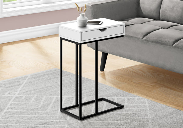 Monarch Specialties Accent Table, C-shaped, End, Side, Snack, Storage Drawer, Living Room, Bedroom, White Laminate, Black Metal, Contemporary, Modern White Particle Board,Metal I 3770