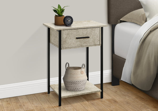Monarch Specialties Accent Table, 2 Tier, End, Lamp, Living Room, Side Table, Storage Drawer, Small, Cream Stone Laminate, Black Metal, Contemporary Black,Cream, Cream Metal,Laminate,Particle Board I 3818