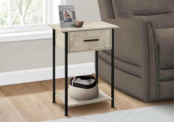 Monarch Specialties Accent Table, 2 Tier, End, Lamp, Living Room, Side Table, Storage Drawer, Small, Cream Stone Laminate, Black Metal, Contemporary Black,Cream, Cream Metal,Laminate,Particle Board I 3818