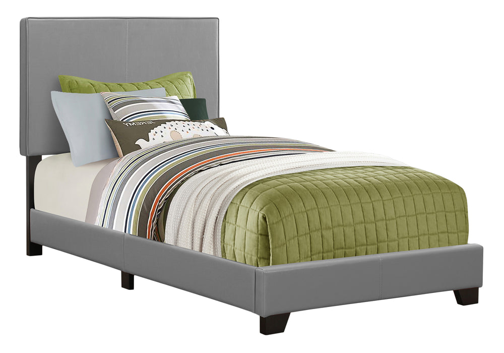 Monarch Specialties Bed, Twin Size, Bedroom, Upholstered, Grey Leather Look, Transitional Grey Foam,Lvl,Mdf,Plastic,Solid Wood,Leather,Look I 5912t