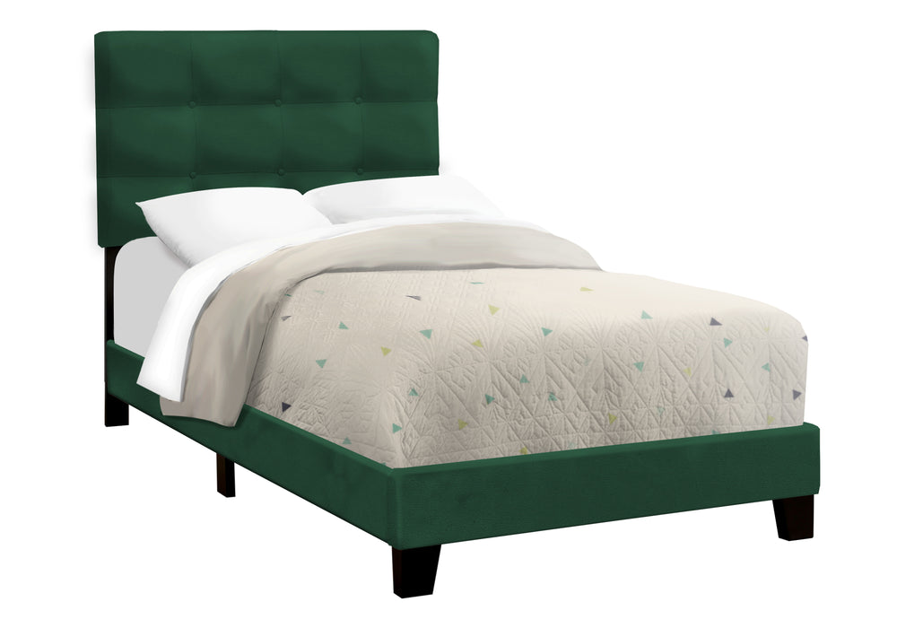 Monarch Specialties Bed, Twin Size, Upholstered, Bedroom, Frame Only, Youth, Teen, Juvenile, Green Velvet, Transitional Green Foam,Lvl,Mdf,Plastic,Solid Wood,Velvet I 5917t