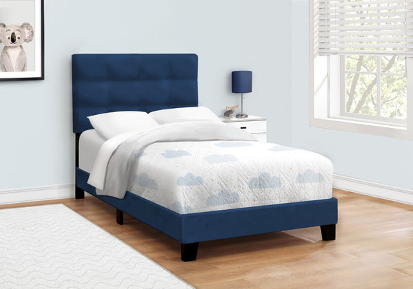 Monarch Specialties Bed, Twin Size, Upholstered, Bedroom, Frame Only, Youth, Teen, Juvenile, Blue Velvet, Transitional Navy Blue Foam,Lvl,Mdf,Plastic,Solid Wood,Velvet I 5918t