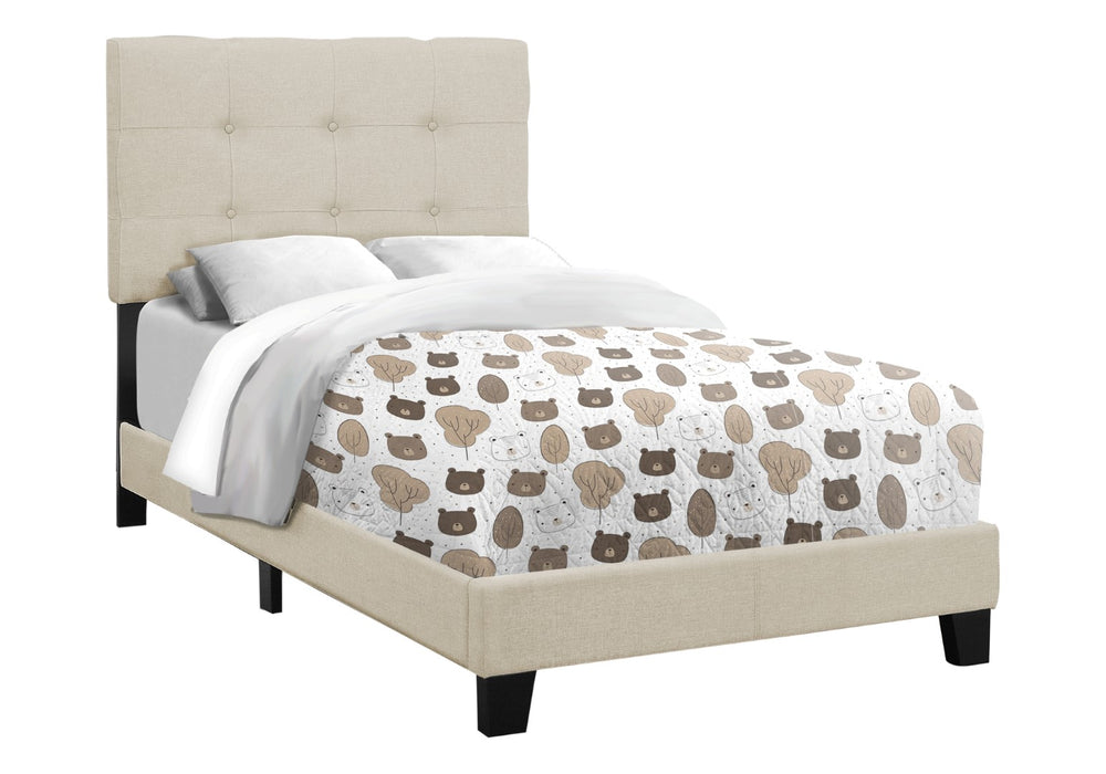 Monarch Specialties Bed, Twin Size, Upholstered, Bedroom, Frame Only, Youth, Teen, Juvenile, Beige Linen Look, Transitional Beige Foam,Lvl,Mdf,Plastic,Solid Wood,Linen,Look I 5921t
