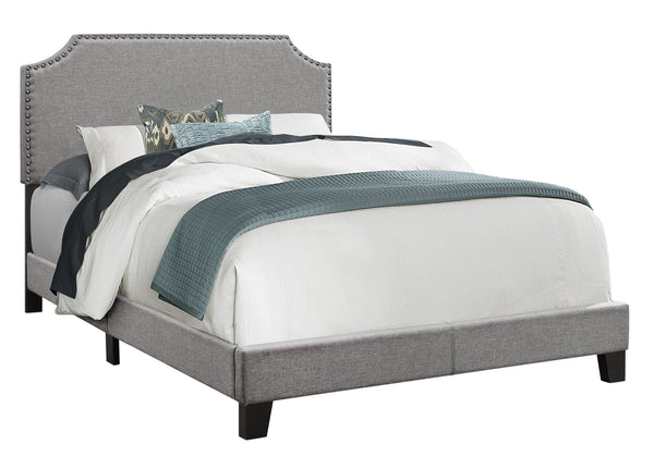 Monarch Specialties Bed, Full Size, Bedroom, Upholstered, Grey Linen Look, Chrome Trim, Transitional Grey Foam,Lvl,Mdf,Metal,Plastic,Solid Wood,Linen,Look I 5925f
