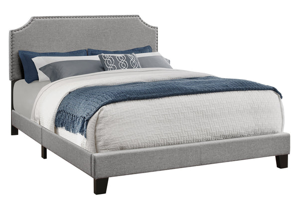 Monarch Specialties Bed, Queen Size, Bedroom, Upholstered, Grey Linen Look, Chrome Trim, Transitional Grey Foam,Lvl,Mdf,Metal,Plastic,Solid Wood I 5925q