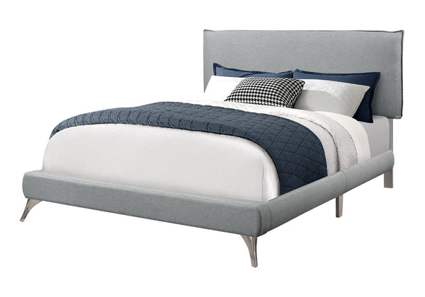 Monarch Specialties Bed, Queen Size, Bedroom, Upholstered, Grey Linen Look, Chrome Metal Legs, Contemporary, Modern Grey Foam,Lvl,Mdf,Metal,Solid Wood I 5950q