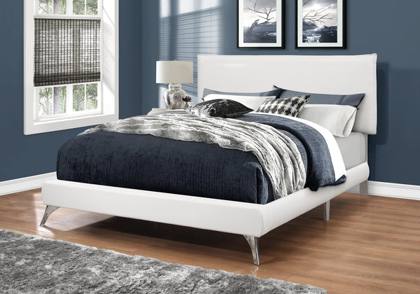 Monarch Specialties Bed, Queen Size, Bedroom, Upholstered, White Leather Look, Chrome Metal Legs, Contemporary, Modern White Foam,Lvl,Mdf,Metal,Solid Wood,Leather,Look I 5953q