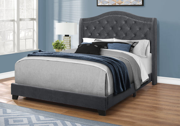 Monarch Specialties Bed, Queen Size, Bedroom, Upholstered, Grey Velvet, Chrome Trim, Traditional Dark Grey Foam,Lvl,Mdf,Metal,Plastic,Solid Wood,Velvet I 5968q