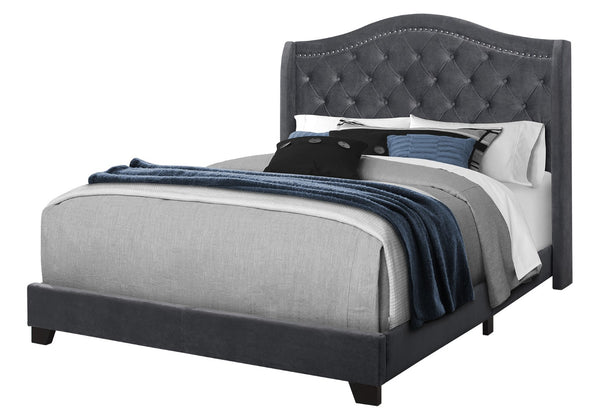 Monarch Specialties Bed, Queen Size, Bedroom, Upholstered, Grey Velvet, Chrome Trim, Traditional Dark Grey Foam,Lvl,Mdf,Metal,Plastic,Solid Wood,Velvet I 5968q