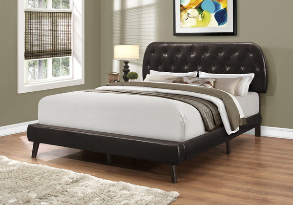 Monarch Specialties Bed, Queen Size, Bedroom, Upholstered, Brown Leather Look, Wood Legs, Transitional Brown Foam,Mdf,Solid Wood,Leather,Look I 5982q